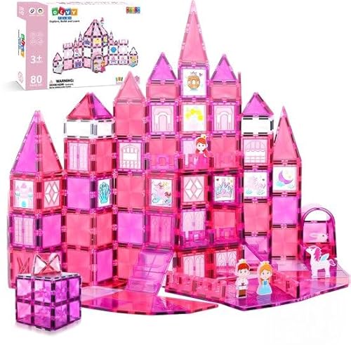 Olvy Magnetische Bausteine Montessori Spielzeug - 80 Magnetic Tiles Kinder - Magnetisches Konstruktionsspielzeug Ab 3 Jahre - Smart Playground Magnetbausteine, Magnetset Kinder (Prinzessin) von Olvy