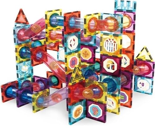 Olvy Magnetische Bausteine Montessori Spielzeug - 100 Magnetic Tiles Kinder - Murmelbahn Magnetisches Konstruktionsspielzeug Ab 3 Jahre - Smart Playground Magnetbausteine, Magnetset Kinder von Olvy