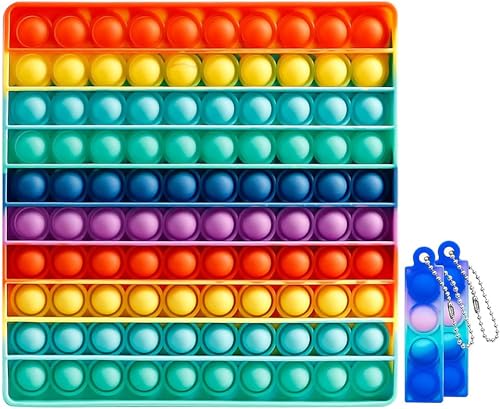 Omlalayi Pop it, 10 x 10 Bubbles Popit XXL Plopper Spielzeug, 20 x 20 cm Fidget Toys mit 2 Mini Pop it Schlüsselanhänger, Rainbow Silikon Fidget Toy Set, Anti Stress Spielzeug für Kinder Erwachsene von Omlalayi