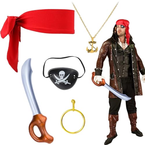 Piraten kostüm zubehör,Piratenkostüm Zubehör,Piraten-kostüm Set con Piraten Augenklappe,Goldohrring,Roter Piraten Kopftuch,Piraten Halskette,Aufblasbare Messer für Halloween,Themenparty,Karneval von Omlalayi