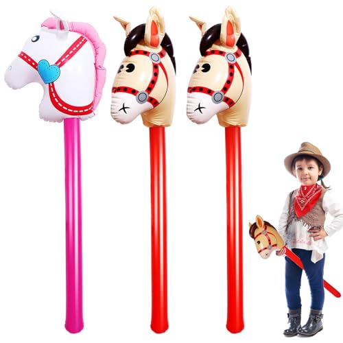 Omnikryp 3 Stück Aufblasbares Stabpferd, Aufblasbare Pferdekopfstäbe für Kinder, Steckenpferde Dekoration 95 cm, Pferde Geburtstagsdeko für Geburtstag, Baby Shower, Cowboy Thematische Party Deko von Omnikryp
