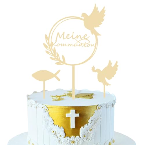 Omnikryp 3 Stück Tortendeko Kommunion, Holz Cake Topper Kommunion, Erstkommunion Tortendeko für Junge Mädchen, Taube Fisch Oliven Tischdeko für Hochzeit Party Babyparty Geburtstag Torte Dekorieren von Omnikryp