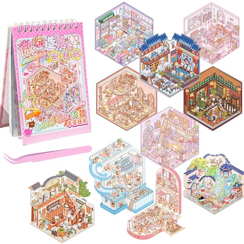 Omnikryp 36 Stücke 3D Sticker Scene, DIY 3D House Stickers mit Tweezer, Cartoon Miniatur Szenen Aufkleber, Hausaufkleber Set von Bäckerei Buchhandlung Restaurant, für Erwachsene und Kinder Stressabba von Omnikryp