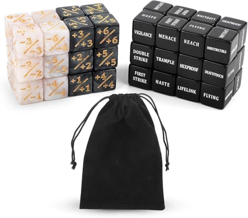 Omnikryp 48 Stück Würfel Zähler, Kartenspiel Zubehör mit Aufbewahrungsbeuteln, Magic The Gathering Würfel, Fähigkeiten Schlüsselwörter Zählwürfel, Kreaturenstatistik Buff, Loyalitätswürfel Token, für von Omnikryp
