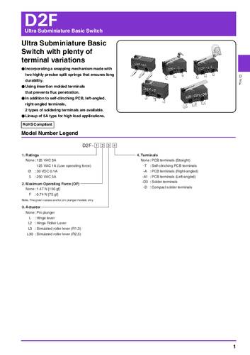 Omron D2F Mikroschalter 30 V/DC 2A 1 x Ein/(Ein) Bag von Omron