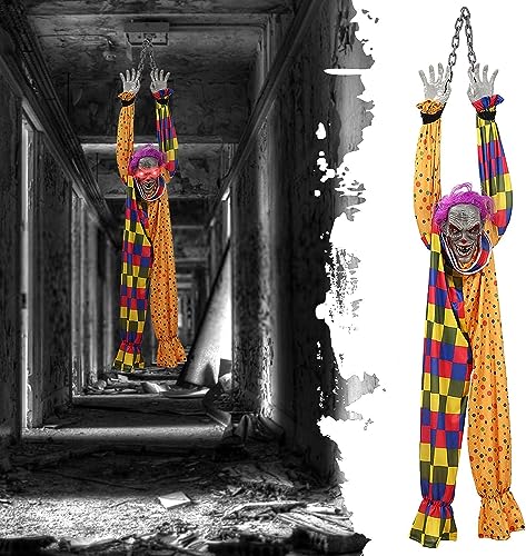 15 m Halloween-Hängender animierter sprechender und schüttelnder gruseliger Clown mit Kette, leuchtende rote Augen, Sound & Touch aktiviert für Halloween-Spukhaus, Hofdekoration von Omuotaut