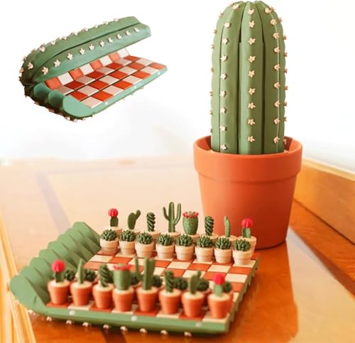 3D-gedrucktes Kaktus-Schachbrett-Set, aufrollbar, tragbar, Kakteen-Reiseschachbrett, Sukkulenten-Schachfiguren, lustiges Schach für Pflanzenliebhaber von Omuotaut