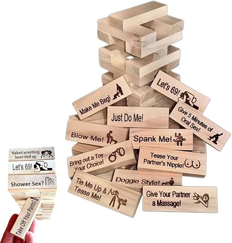 Super Naughty Block Tower Game Love & Naughty Stapelturm Holzblöcke, 48 Holzblöcke mit Wahrheit oder Pflicht Fragen und Herausforderungen für Erwachsene Nacht Party Spiel Geschenk von Omuotaut