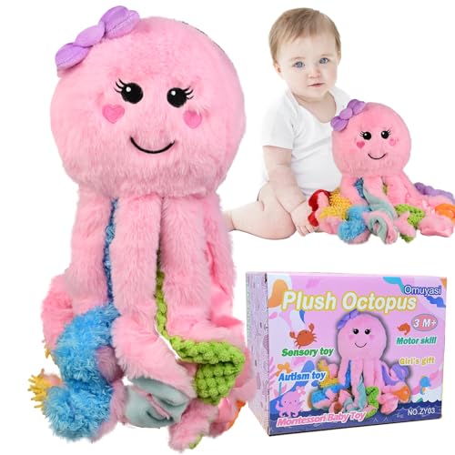 Omuyasi Kuscheltier Baby Spielzeug ab 3 6 9 12 Monate, Rosa Octopus Plüschtier mit 8 Texturierte Tentakel, Autismus ADHS Sensorik Spielzeug Mädchen 1 2 3 Jahre, Ostern Geschenke für Baby Mädchen von Omuyasi