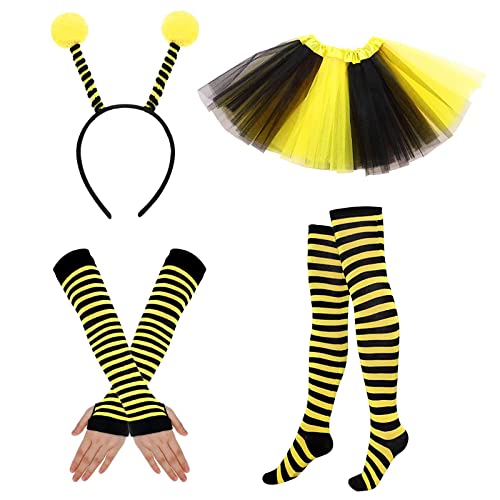 Bienen Kostüm Mädchen Damen, Bienenkostüm Kinder Erwachsene, Faschingskostüme Halloween Karneval Kostüm Zubehör Set, Tütü Rock Gestreifter Handschuhe Socken Haarreifen Für Fasching Party (Erwachsene) von Oneshlee