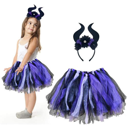 Hexenkostüm Kinder Mädchen, Faschingskostüme Halloween Karneval Kostüm, Hexe Kostüm Zubehör Set Tüllrock Tütü Rock Hexenhut Teufelshörner Haarreifen, Hexen Verkleidung Set Für Fasching Party (Hörner) von Oneshlee