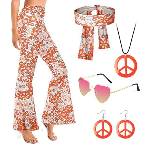 Hippie Kostüm Damen 70er 60er Jahre, Faschingskostüme Damen, Karneval Halloween Kostüm Erwachsene, Boho Schlaghose Disco Kostüm Zubehör Friedenszeichen Accessoires Set Für Fasching Party (A, L) von Oneshlee