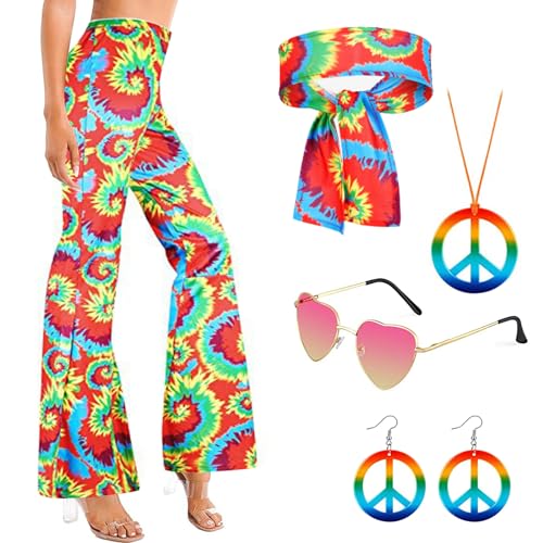 Hippie Kostüm Damen 70er 60er Jahre, Faschingskostüme Damen, Karneval Halloween Kostüm Erwachsene, Boho Schlaghose Disco Kostüm Zubehör Friedenszeichen Accessoires Set Für Fasching Party (B, XXL) von Oneshlee