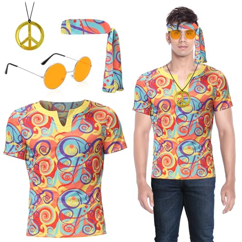 Hippie Kostüm Herren 70er 60er Jahre Hippie Kleidung, Faschingskostüme Herren, Karneval Halloween Kostüm Erwachsene, Boho Disco Kostüm Zubehör Friedenszeichen Accessoires Set Für Fasching Party (M) von Oneshlee