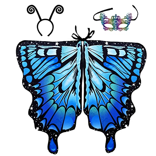 Schmetterlingsflügel Erwachsene, Schmetterling Kostüm Damen, Faschingskostüme Halloween Karneval Kostüm Zubehör Set, Schmetterling Flügel Umhang Haarreifen Maske Für Fasching Cosplay Party (Blau) von Oneshlee