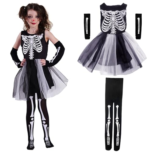 Skelett Kostüm Mädchen, Halloween Kostüm Kinder, Faschingskostüme Mädchen, Gruselig Halloween Skelett Verkleidung Set, Kostüm Zubehör Tüllrock Handschuhe Strumpfhose, Für Karneval Fasching Party (M) von Oneshlee