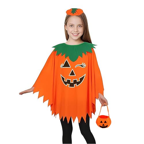 Onetraum Halloween Kinder KÜRBIS-KOSTÜM SET mit Leuchteffekt – 3-teiliges Halloween-Outfit | Glow-in-Dark-Umhang + Kürbis-Haarband + Sammelbeutel für Süßigkeiten (Kinder) von Onetraum