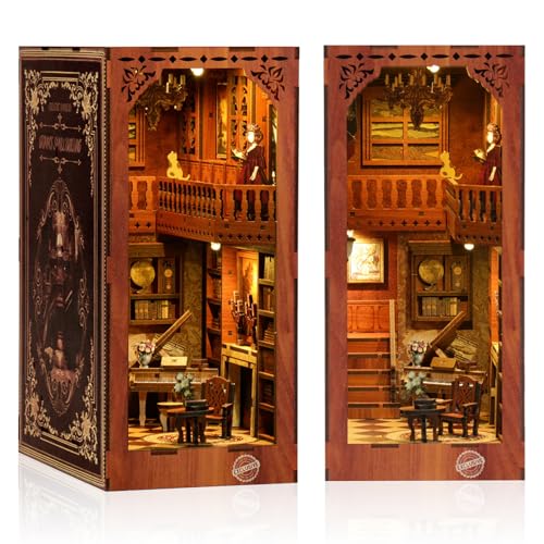 Oneyus Book Nook Puppenhaus Holz Hau, Buch Ecke Miniatur mit LED-Licht und Möbeln, 3D Holzpuzzle Bücherecke Miniatur Haus für Erwachsene Teens Kreative Geschenke, Ornamente, Modelle von Oneyus