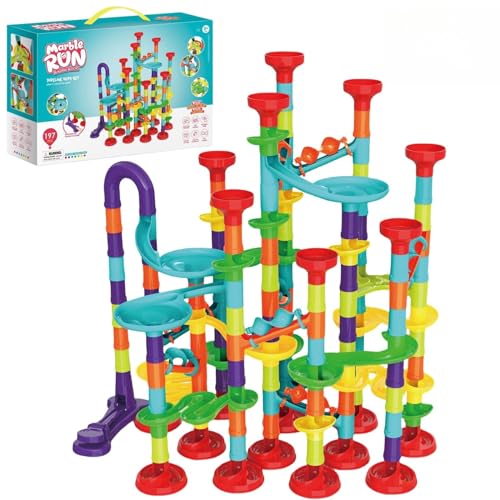 Onikiz Kugelbahn, 197 Stück Mehrfarbige Murmelbahn Marble Run Set Kugelbahn Lernspielzeug Bausteinspielzeug DIY Konstruktionspielzeug für Kinder Mädchen Jungen 3+ von Onikiz