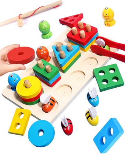 Onikiz Magnetische Angelspiel Spielzeug ab 3Jahre, Montessori Spielzeug 3 in 1 Magnetische Holzspielzeug Motorikspielzeug Fische Angeln Spiel für Junge und Mädchen ab 3 4 5 6 Jahre von Onikiz