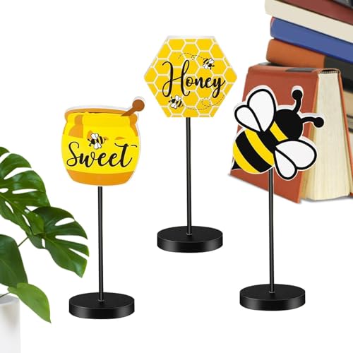 Onkujlpst Bienen-Tischschild, Bienen-Tischaufsatz | 3 Stück Honig Holz Tischschild,Freistehender, rustikaler Bienen-Tischaufsatz, abgestuftes Sommer-Bienen-Tablett für eine Bienen-Mottoparty von Onkujlpst