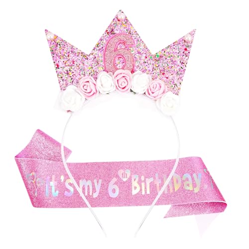 6 Jahr Geburtstagskrone Mädchen Krone Geburtstag 6 Jahre Glitzer Krone mit Perlen und Rose Blumen Geburtstag Krone Mädchen mit Rose Blumen Stirnband für Baby Kinder 6 Jahr Geburtstagskrone Mädchen Krone Geburtstag 6 Jahre Glitzer Krone mit Perlen und Rose Blumen Geburtstag Krone Mädchen mit Rose Blumen Stirnband für Baby Kinder von Onperpoe