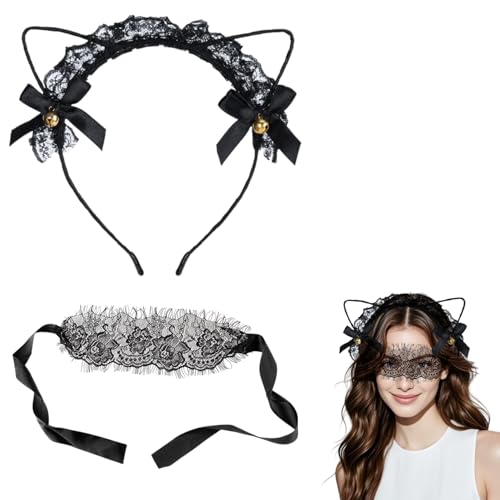 Katzenohren Stirnbänder und Spitze Augenmaske, Maskerade Masken Kostüm Catwoman Zubehör, Niedliche Cosplay Katze Haarreifen, Party Kostüm Zubehör, Schwarze Katzenohren für Frauen, Schwarze Spitze Katzenohren Stirnbänder und Spitze Augenmaske, Maskerade Masken Kostüm Catwoman Zubehör, Niedliche Cosplay Katze Haarreifen, Party Kostüm Zubehör, Schwarze Katzenohren für Frauen, Schwarze Spitze von Onperpoe