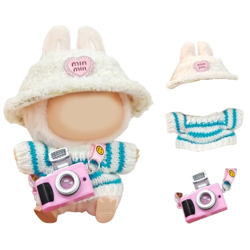 Kleidung für Labubu 17 cm Plüschpuppe, kleines Kleidungsset 3-teiliges Outfit für Labubu enthält Hut, Pullover und Kamera, Kleid zum Beeindrucken von Puppen (keine Puppe) von Onperpoe