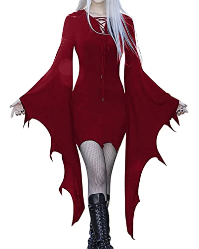 Onsoyours Halloween Kostüm Damen Gothic Kleidung Fledermausärmel Kleider Festlich Retro Kleid Halloween Kostüm Steampunk Minikleid Vampir Cosplay Hexenkostüm A Rot S von Onsoyours