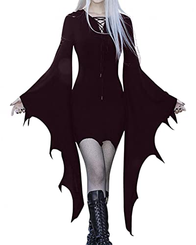 Onsoyours Halloween Kostüm Damen Gothic Kleidung Fledermausärmel Kleider Festlich Retro Kleid Halloween Kostüm Steampunk Minikleid Vampir Cosplay Hexenkostüm A Violett L von Onsoyours