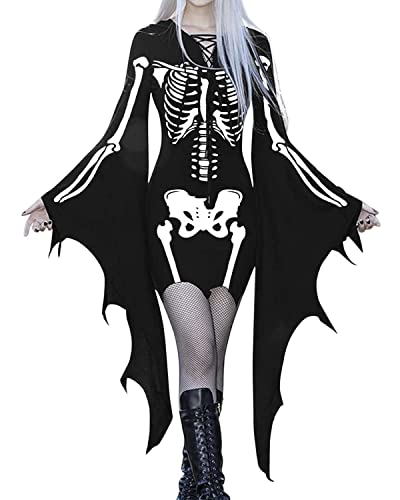 Onsoyours Halloween Kostüm Damen Gothic Kleidung Fledermausärmel Kleider Festlich Retro Kleid Halloween Kostüm Steampunk Minikleid Vampir Cosplay Hexenkostüm B Schwarz L von Onsoyours