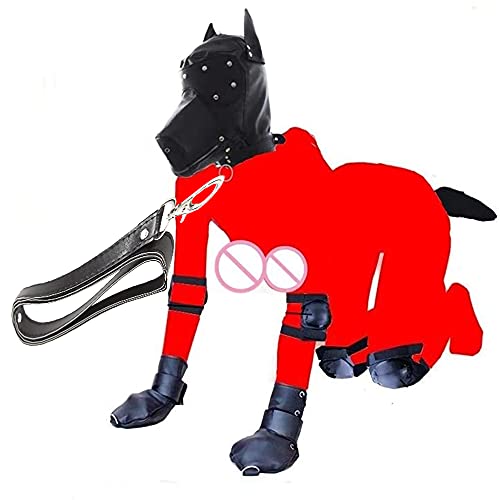 OnundOn Welpen-Masken-Set Hundemaske Kapuze Ledermaske mit Traktionsgürtel Handschuhe Ellbogenschützer Knieschützer Faux Tail (schwarzes Set) von OnundOn