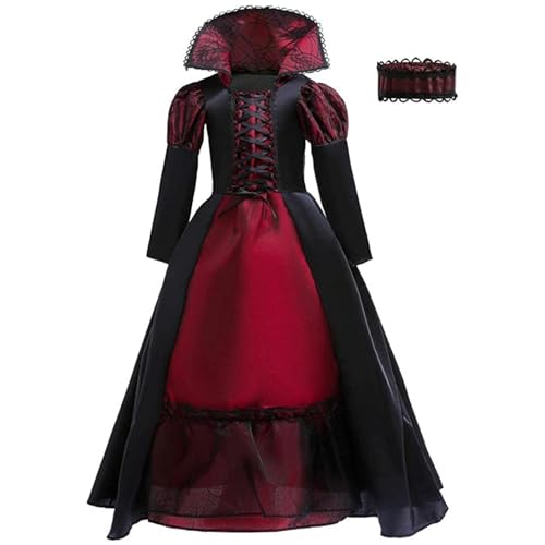 Opdestn Mädchen Vampirkostüm | Edles Gothic Vampirkönigin Kostüm Verwandlung,Gruselig Schaurig Outfit Party Schule Geisterhaus Cosplay Karneval von Opdestn