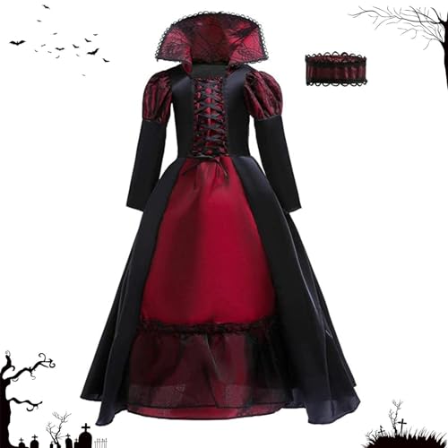 Opdestn Vampir Kostüm Kids - Edles Gothic Vampirkönigin Kostüm Verwandlung - Gruseliges Halloween Outfit für Kinder als Foto Requisite für Auftritte Partys Geisterhaus Schule und Cosplay von Opdestn