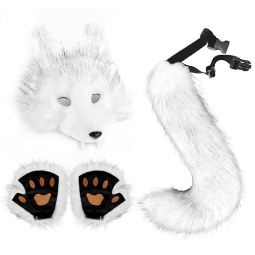 Opdestn Wolf Kostüm Set | Halloween Kunstfell Wolf Zubehör | Damen Verkleidung Cosplay Outfit für Halloween | Maskerade Karneval Modenschau Bühnenauftritt Rollenspiel von Opdestn