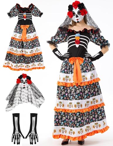 Opemon 3 x Tag der Toten Kostüme für Damen, Halloween, Cosplay, Maske mit Gesichtstattoos, Skelett, Blumenkleid, Mehrfarbig, M von Opemon