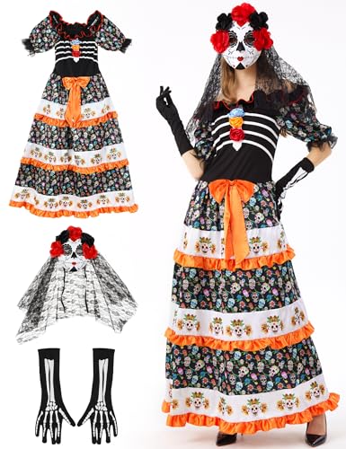 Opemon 3 x Tag der Toten Kostüme für Damen, Halloween, Cosplay, Maske mit Gesichtstattoos, Skelett, Blumenkleid, Mehrfarbig, XXL von Opemon