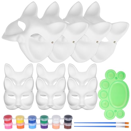 Operitacx 10 Stück Pappmaché-Masken, unlackierte Halloween-Fuchsmasken mit 12 Pigmenten, 2 Stiften und Palette, weiße Maskerade-Maske für Halloween-Kostüm, Cosplay-Zubehör von Operitacx