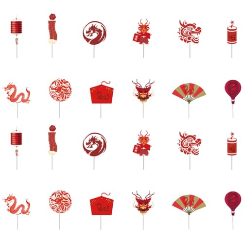 Operitacx Cupcake-Topper Zum Chinesischen Neujahr 24 Stück Cupcake-Picks „Fröhliches Mondjahr“ Party-Kuchenpicker „Jahr Des Drachen“ Für Chinesisches Frühlingsfest-Partyzubehör von Operitacx