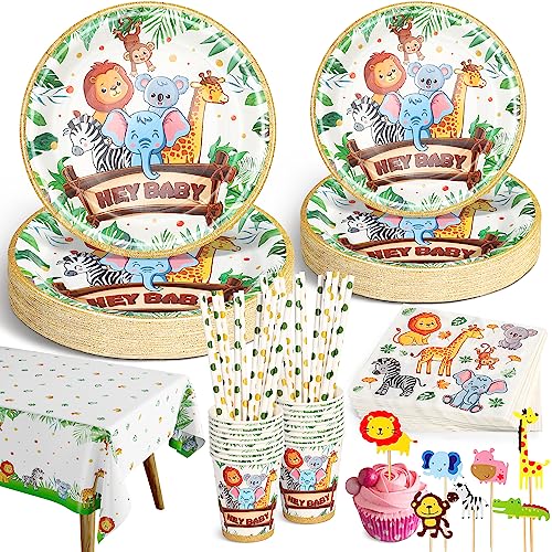 Ophy 134 Stück Dschungel Safari Partygeschirr Set, Grün Einweggeschirr Set für 25 Gäste Papier Teller Tassen Servietten Strohhalme, Kindergeburtstag Geburtstag Deko Wild One Partyzubehör Babyparty Set von Ophy