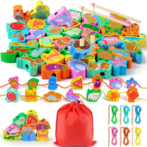 Ophy 48 STK Fädelspiel 6 Themen ab 2 3 4 5 6 Jahre für Kinder Holzperlen, Motorikspielzeug Geschenk für Kinder Lernspielzeug Holzspielzeug und Geburtstag Einfädeln Spielzeug ab 3 Jahre 4Seasons von Ophy