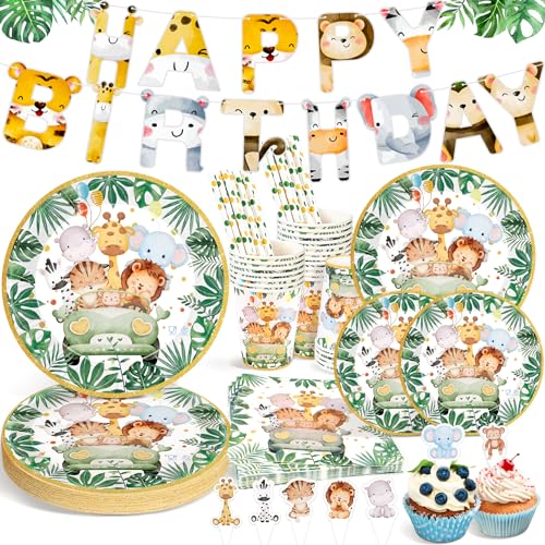 Ophy Dschungel Safari Partygeschirr Set,134 Stück Wild One Geburtstag Deko Partygeschirr Set mit Tier-Geburtstagsbanner, Papptellern, Servietten, Bechern,Geburtstagsdeko Partygeschirr Set für 25 Gäste Ophy Dschungel Safari Partygeschirr Set,134 Stück Wild One Geburtstag Deko Partygeschirr Set mit Tier-Geburtstagsbanner, Papptellern, Servietten, Bechern,Geburtstagsdeko Partygeschirr Set für 25 Gäste von Ophy