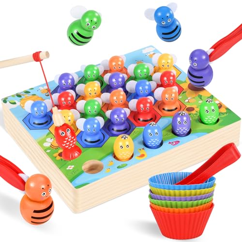 Ophy Montessori Spielzeug - Biene Holz Sortier Stapelspielzeug Mit Passenden Bechern Und Pinzetten Mathe Lernspielzeug für Vorschule für Farbsortierung Zählen Vektor 4Seasons von Ophy
