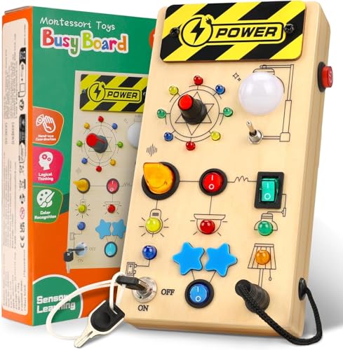 Ophy Montessori Spielzeug - Busy Board ab 1 2 3 Jahr Holzspielzeug mit 9 Schalter 16 LED-Leuchten Motorikspielzeug Activity Board Lernspielzeug Reisespiele Spielzeug für Babys ab 1 2 3 4 Jahre von Ophy