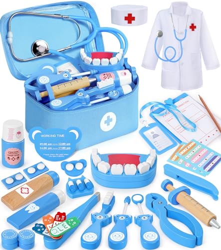 Ophy Arztkoffer Kinder Holz Spielset, Doktorkoffer für Kinder mit Hochsimuliertem Stethoskop Medizinische Spielzeug Geschenke für Jungen und Mädchen im Alter von 3–8 Jahren Zahnarzt Spielzeug von Ophy