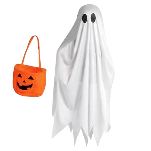 Geist Halloween Kostüm - Cosplay Umhang für Kinder, weißes Geisterkleid | Halloween Kostüm mit Kürbistasche Gruselkleid für Mottoparty für Mädchen Geburtstag von Opilroyn