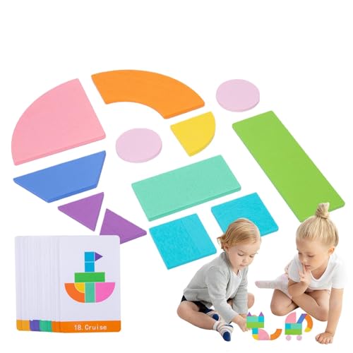 Geometrische sechseckige Puzzles mit Holzmotiven | Tangram Holzpuzzle 12 Teile Modell Blöcke | Klassisches Lernspielzeug mit Karten für Kinder und Jugendliche von Opilroyn
