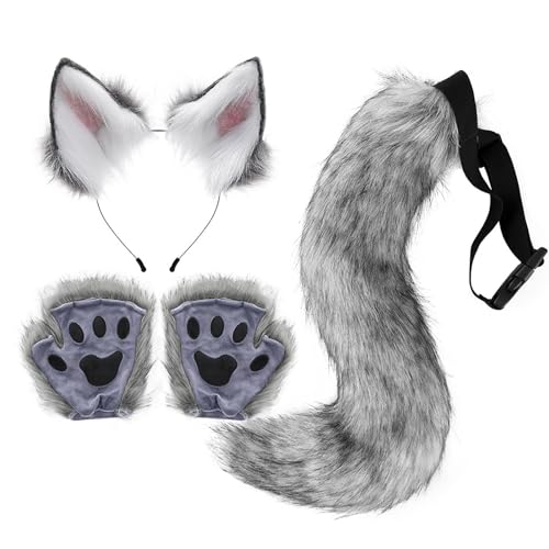 Wolfskostüm – Kostüm mit Schwanz und Ohren eines Wolfs, Wolfskostüm-Set, komplett mit Ohren und Wolfshandschuhen, Zubehör für Wolfs-Themenpartys, Schwanz und Handschuhe für Wolfskostüm, komplettes Set Wolfskostüm – Kostüm mit Schwanz und Ohren eines Wolfs, Wolfskostüm-Set, komplett mit Ohren und Wolfshandschuhen, Zubehör für Wolfs-Themenpartys, Schwanz und Handschuhe für Wolfskostüm, komplettes Set von Opilroyn