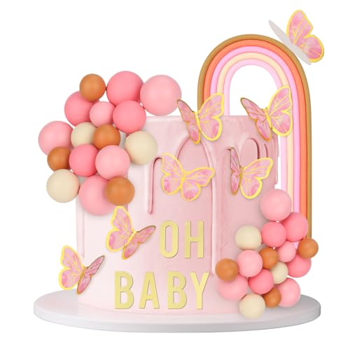 Opopark 48 Stück Regenbogen Tortendeko - DIY Hochzeit Baby Mädchen Kugeln Schmetterling Kuchen Deko für Party Babyparty Geburtstag - Rosa von Opopark