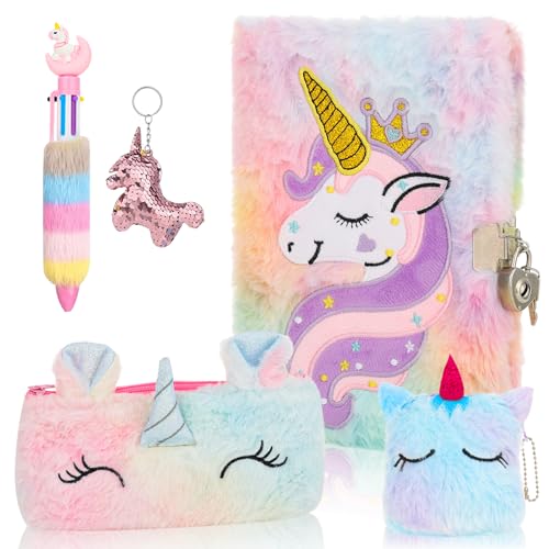 Opopark Plüsch Einhorn Notizbuch mit Schloss, Plüsch Geheimes Tagebuch, Einhorn Geldbörse, Einhorn Bleistiftbeutel, 6 Farbige Kugelschreiber als Geschenk für Mädchen, Jungen, Kinder [Toy] von Opopark